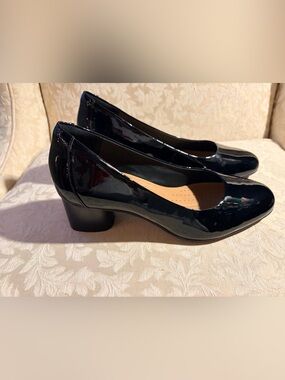 Clarks Glossy Black Patent Low Block Heel Pumps